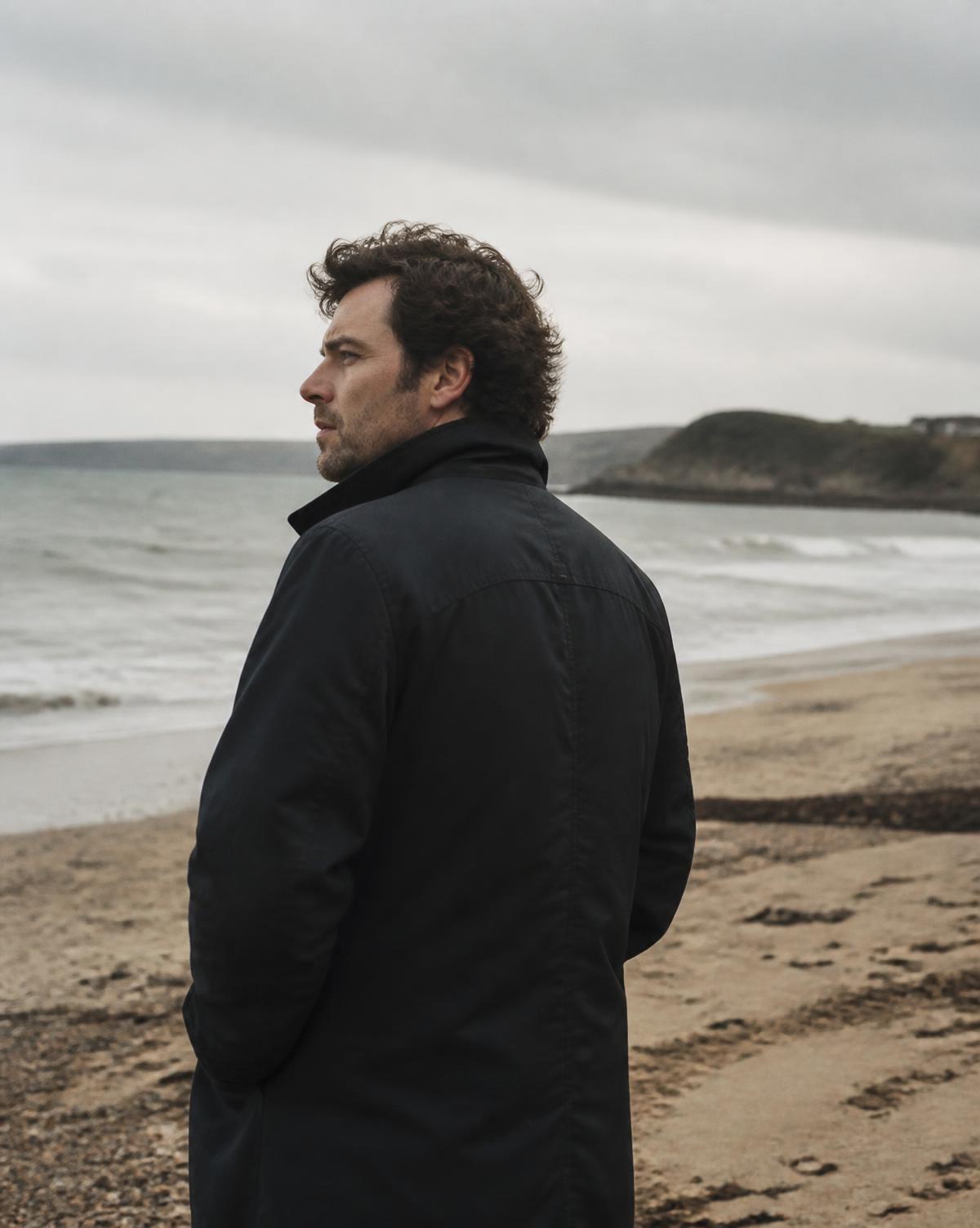 Portret van de verteller staande op een winderig strand, uitkijkend over zee